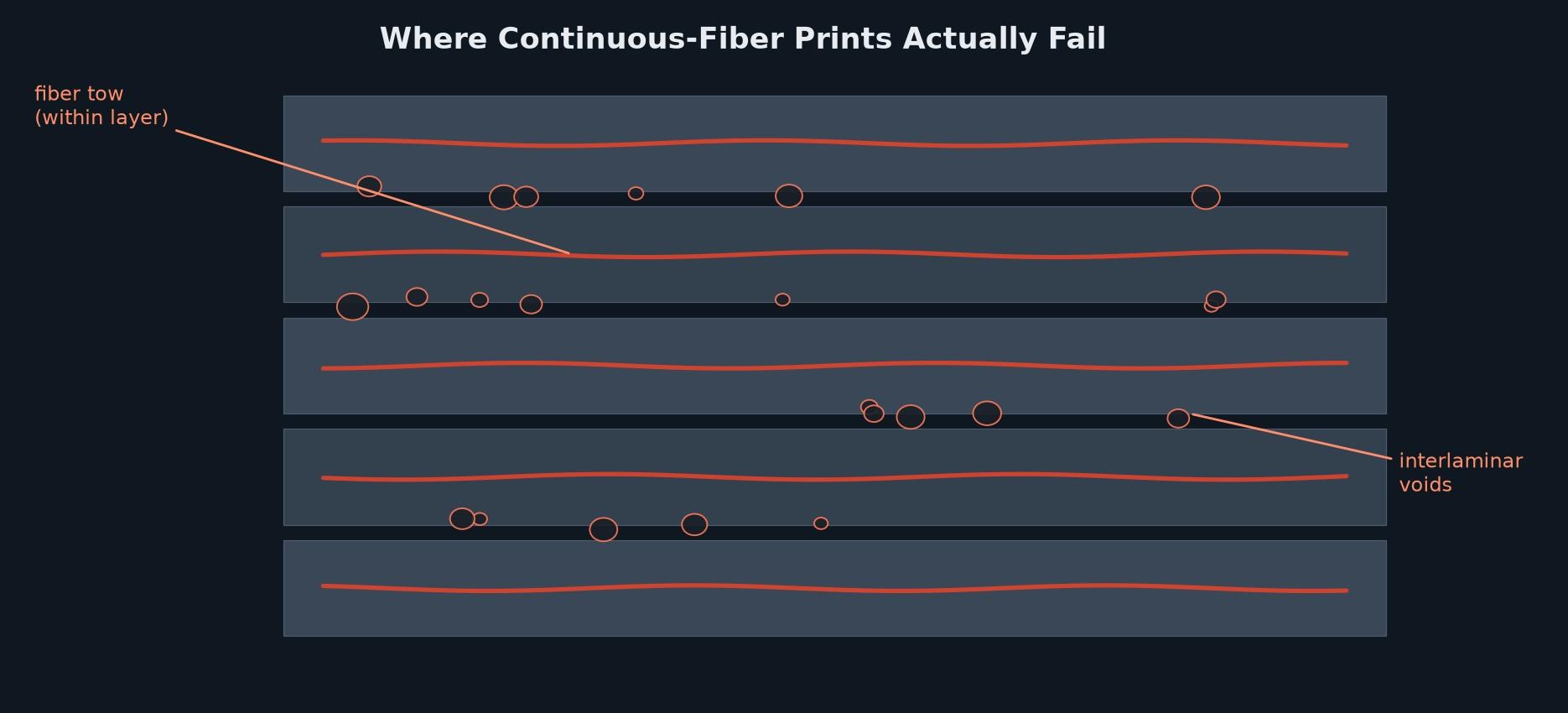 Cross-section schematic of printed continuous-fiber layers, showing voids concentrated at the interlaminar boundaries between layers rather than within the fiber tows themselves