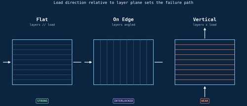 Schematic comparing three 3D-printed build orientations, flat, on edge, and vertical, showing how the angle between layer lines and the applied load determines whether the layer bonds are loaded in shear, tension, or compression