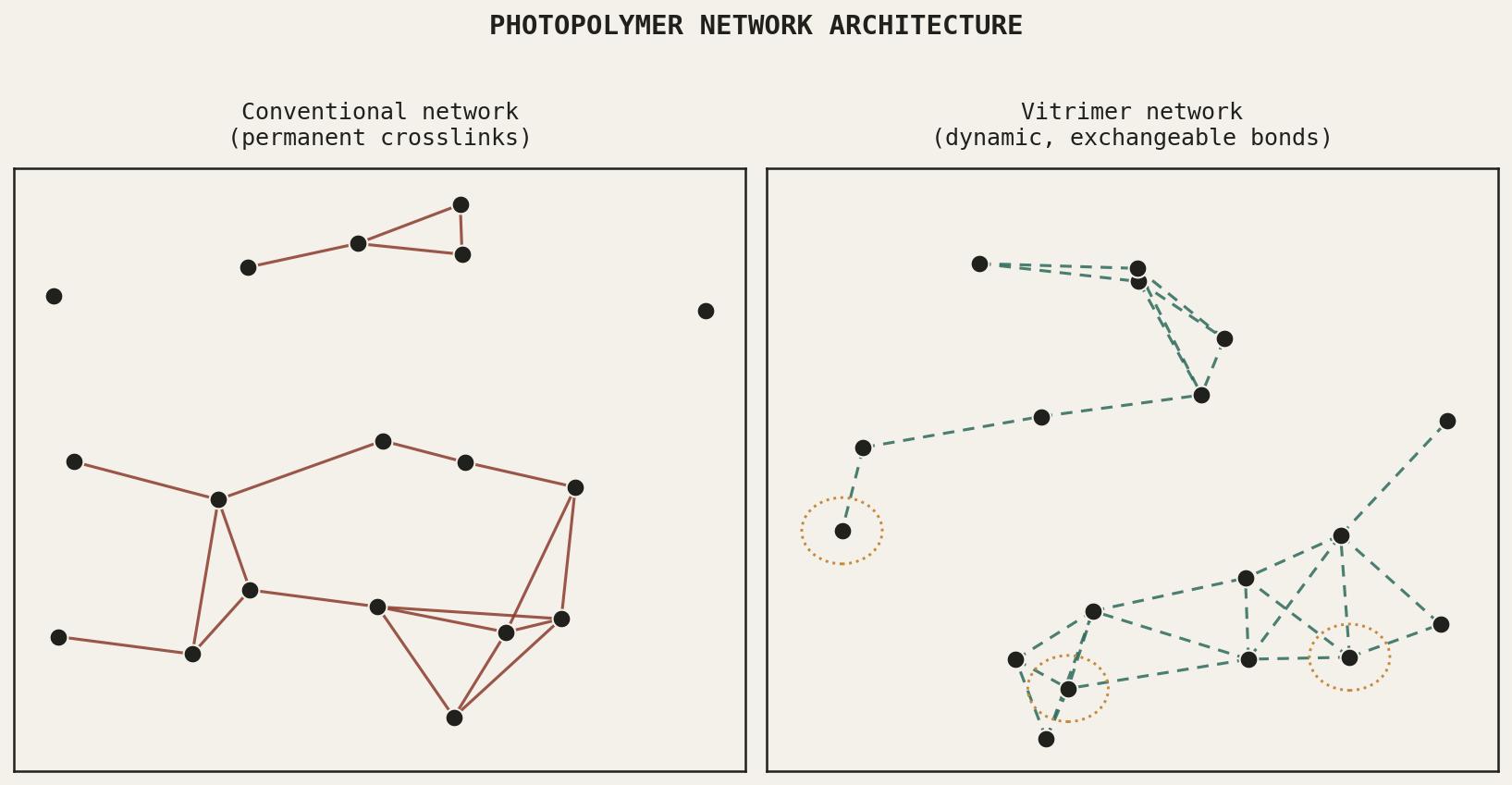 A cross-section schematic contrasting a conventional permanently crosslinked photopolymer network with a vitrimer network, where dynamic bonds allow the same material to be reshaped and reprocessed.