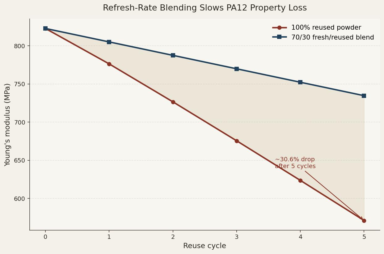 Line chart of Young&rsquo;s modulus declining across five PA12 powder reuse cycles, with a separate line showing the flatter decline achieved by blending in fresh powder at a fixed refresh rate