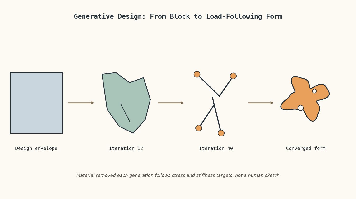 A generative design workflow showing a solid design envelope progressively eroded into a load-following lattice structure across optimization iterations.