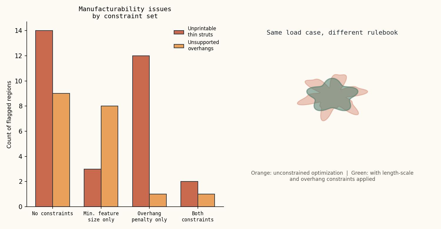 A comparison chart showing how minimum feature size and overhang-angle constraints reshape the same optimization problem&rsquo;s final geometry.
