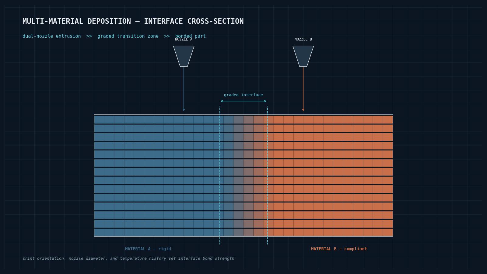 Cross-section schematic of a dual-nozzle multi-material print, showing a graded transition zone between a rigid material and a compliant material