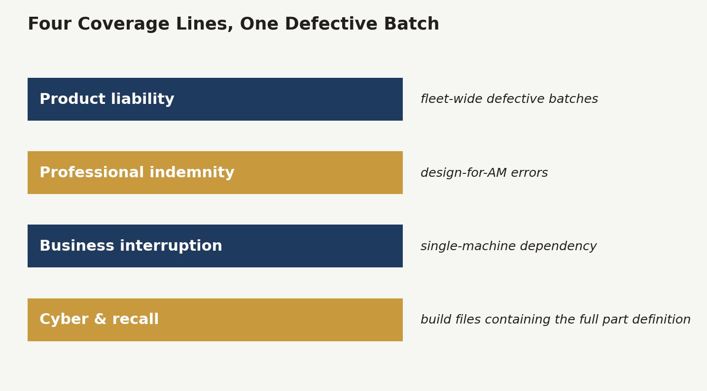 Horizontal bar chart showing four insurance coverage lines exposed by additive manufacturing defects: product liability from fleet-wide defective batches, professional indemnity from design-for-AM errors, business interruption from single-machine dependency, and cyber and recall risk from build files containing the entire part definition